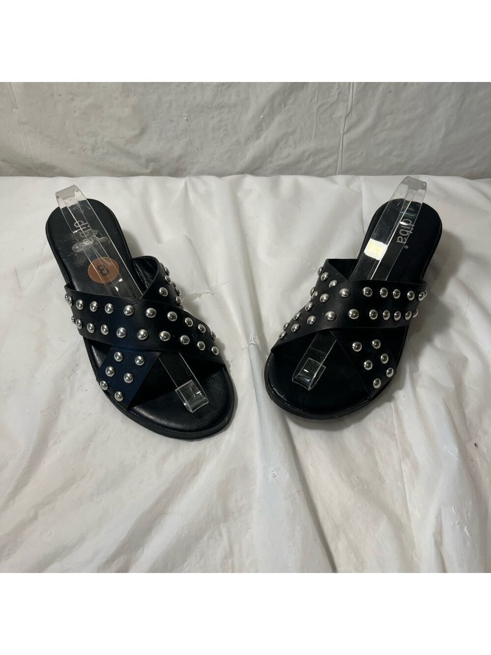 Diba Black Faux Leather CrissCross Studded Heeled Slide Sandals Woman’s 8